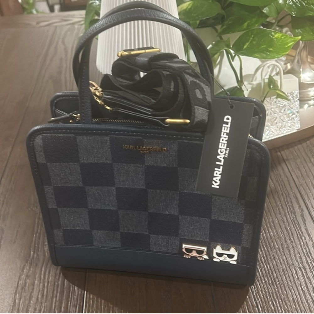 3 pieces! Karl Lagerfeld black and grey leather Checkered Women's bag